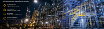 Engineering-grade LiDAR scan of an industrial plant showing point cloud and CAD overlay for fabrication accuracy