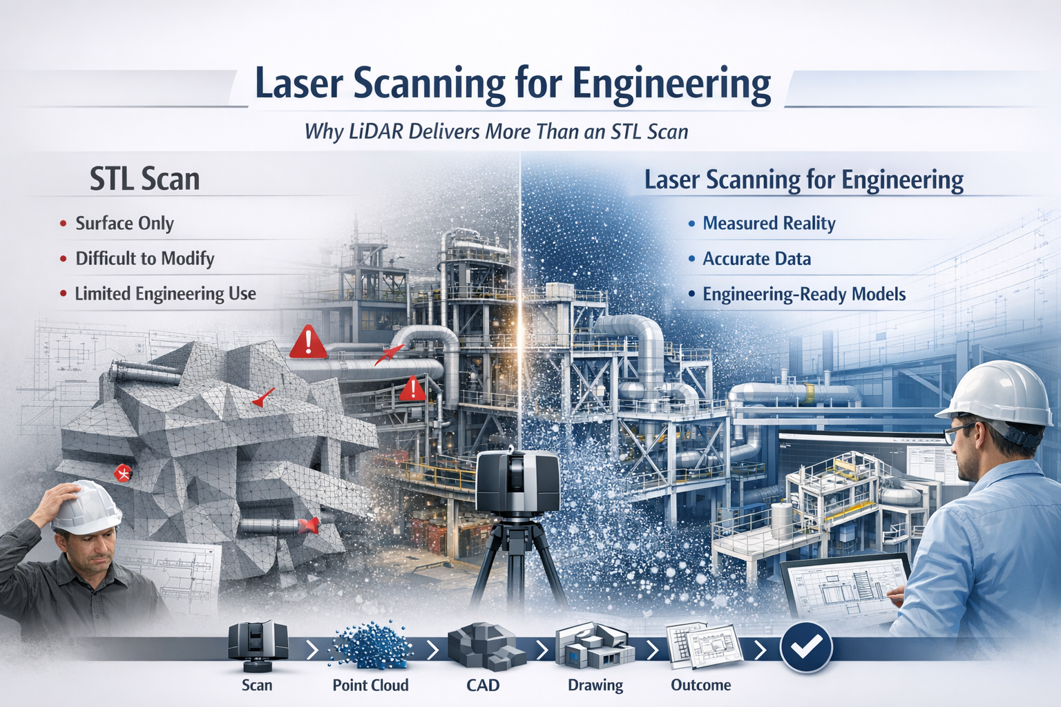 Laser scanning for engineering infographic comparing LiDAR point cloud data with STL mesh scanning, showing improved CAD modelling and engineering workflows.