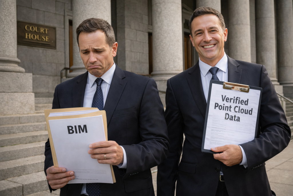 Two lawyers leaving a courthouse, one holding BIM documents looking concerned, the other holding verified point cloud data confidently, representing design intent versus measured reality