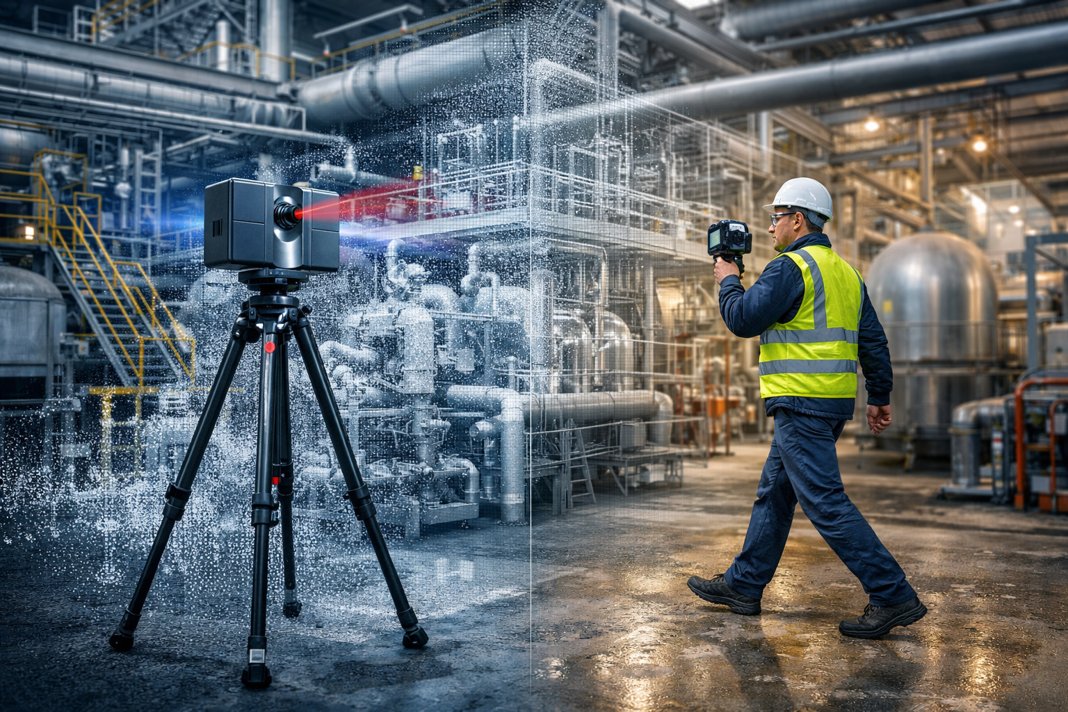 Tripod LiDAR scanner and handheld 3D scanner capturing an industrial plant with point cloud overlay for engineering design