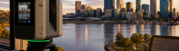 LiDAR scanner set up inside a building overlooking the Swan River and Perth city skyline for 3D scanning and mechanical engineering data capture.