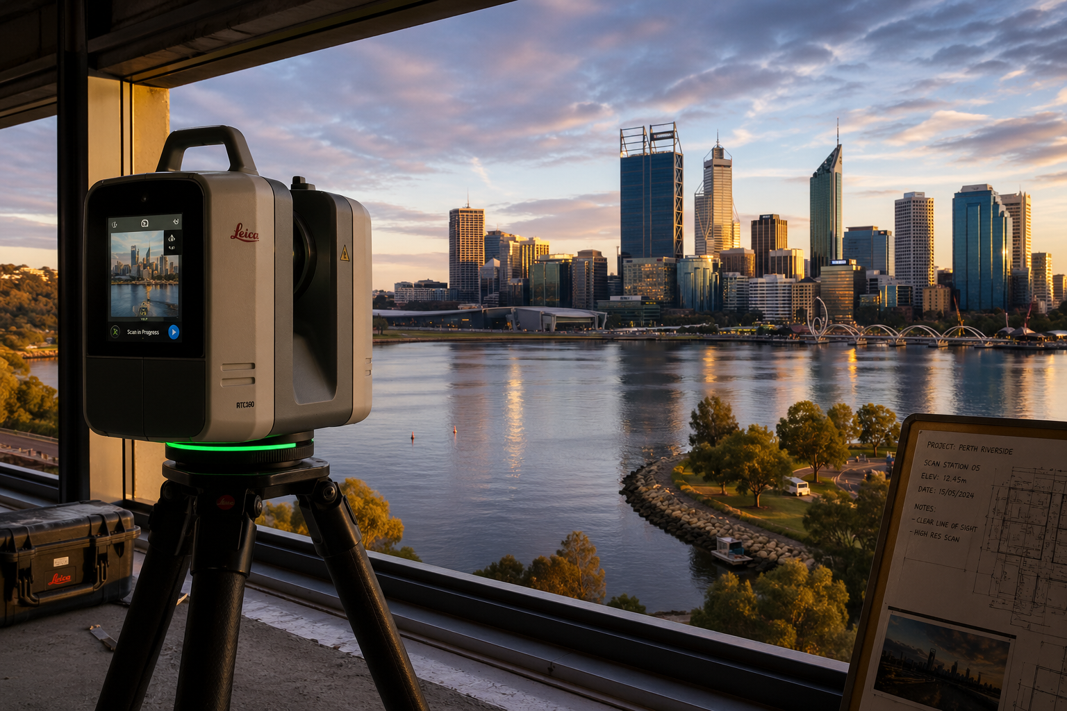 LiDAR scanner set up inside a building overlooking the Swan River and Perth city skyline for 3D scanning and mechanical engineering data capture.