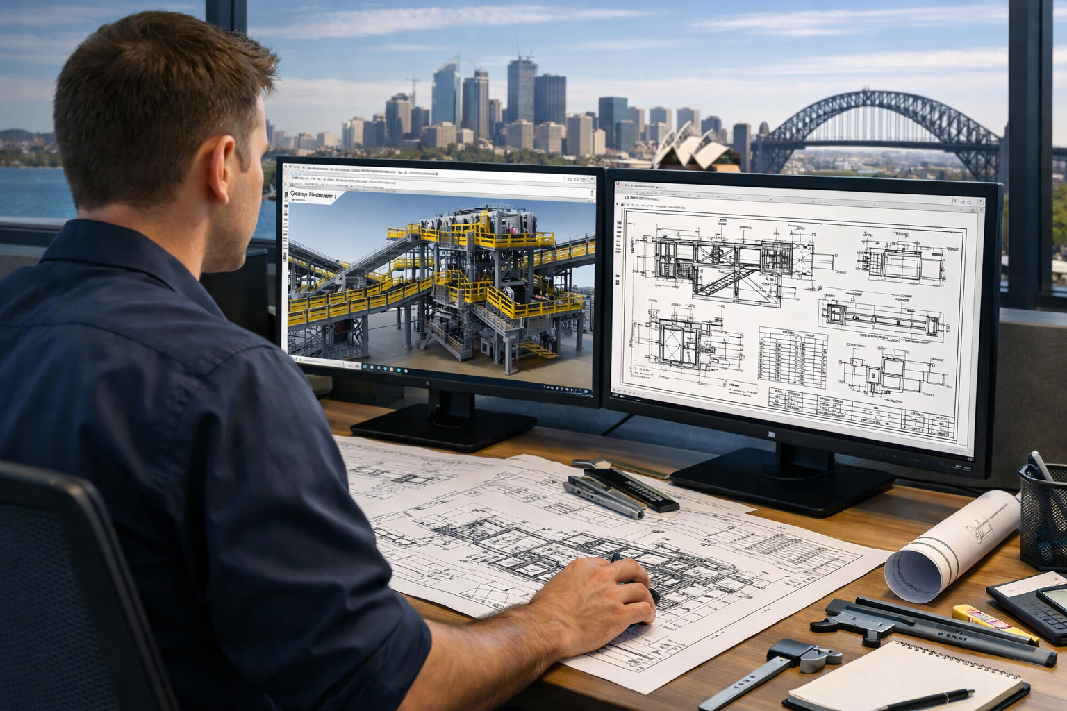 Mechanical engineer preparing CAD drafting drawings in Sydney with industrial plant design on screen