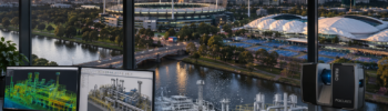Melbourne office view with Yarra River, MCG and 3D modelling workstation