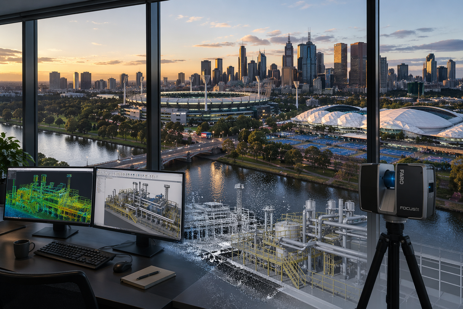 Melbourne office view with Yarra River, MCG and 3D modelling workstation