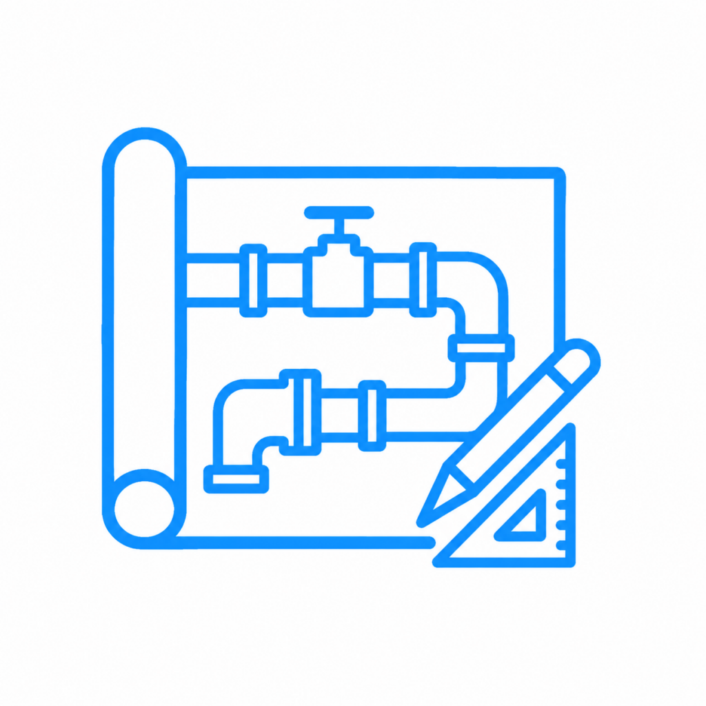 Pipework drafting icon showing piping layout with valve, blueprint scroll, and drafting tools in blue line style
