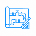 Pipework drafting icon showing piping layout with valve, blueprint scroll, and drafting tools in blue line style