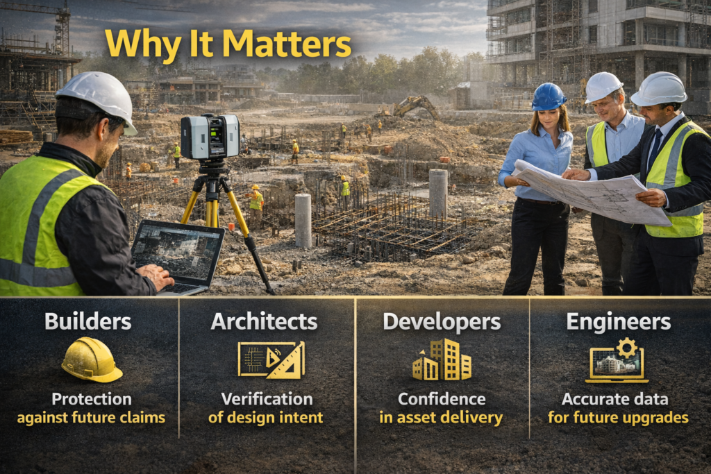 Construction site with 3D laser scanner and professionals, highlighting benefits of point cloud scanning for builders, architects, developers and engineers