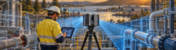 Oil painting of an engineer using a tripod-mounted 3D laser scanner to capture industrial pipework in Port Macquarie.