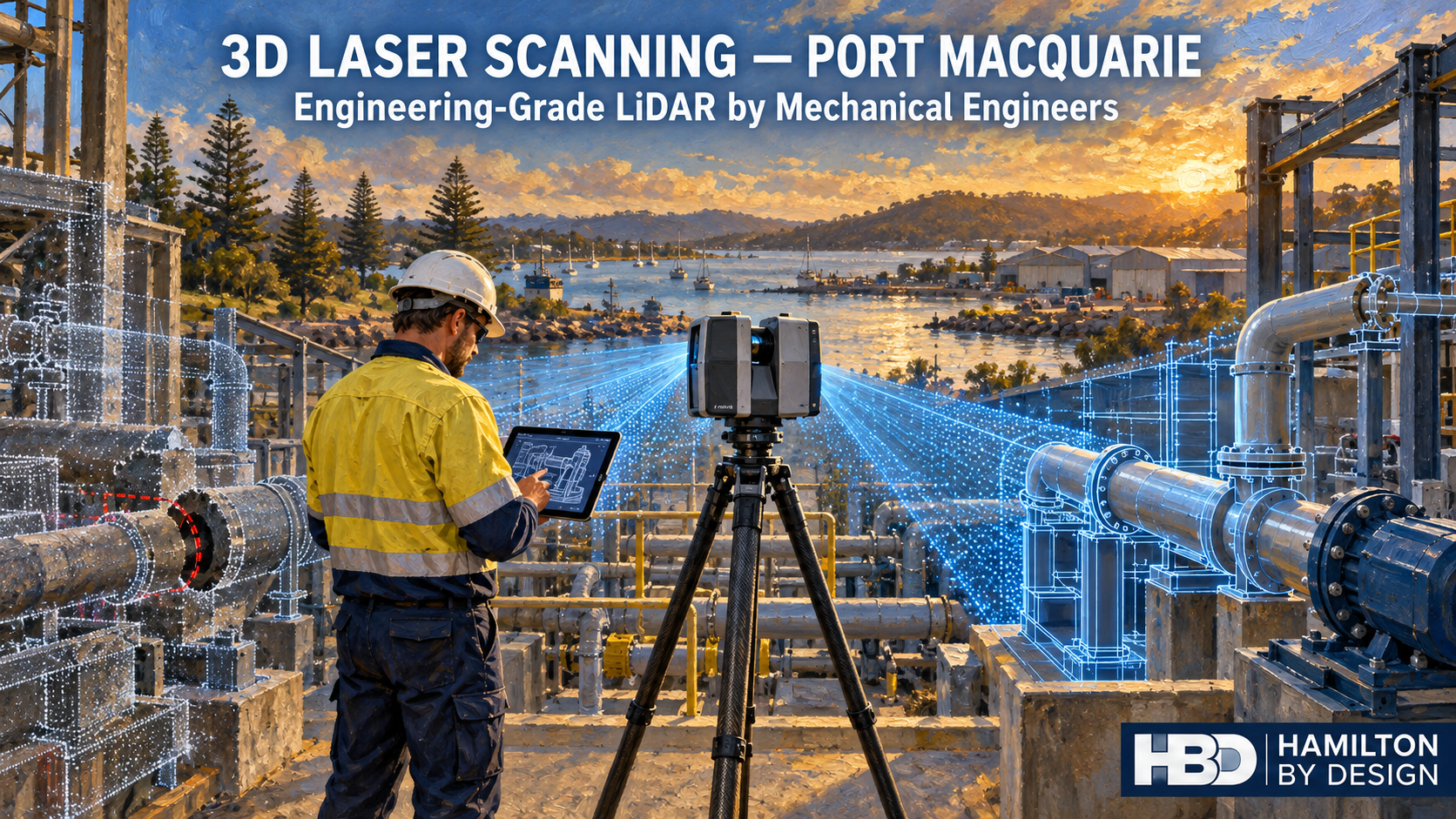 Oil painting of an engineer using a tripod-mounted 3D laser scanner to capture industrial pipework in Port Macquarie.