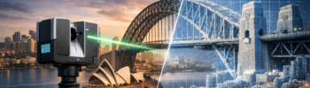 3D laser scanning Sydney Harbour Bridge and Opera House with point cloud overlay for engineering modelling and design verification