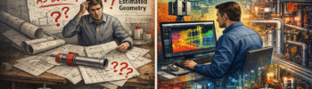 Split-screen engineering graphic comparing assumed as-built drawings with verified point cloud scanning data, highlighting the difference between estimated geometry and measured reality.