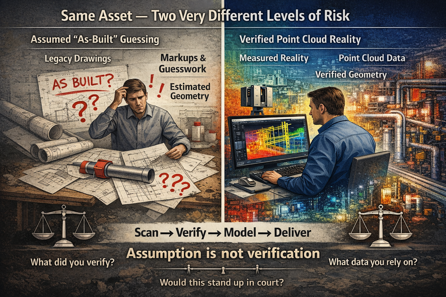 Split-screen engineering graphic comparing assumed as-built drawings with verified point cloud scanning data, highlighting the difference between estimated geometry and measured reality.