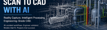 Scan to CAD with AI workflow showing LiDAR point cloud transitioning into engineering CAD model using FARO, SOLIDWORKS and 3DEXPERIENCE technologies