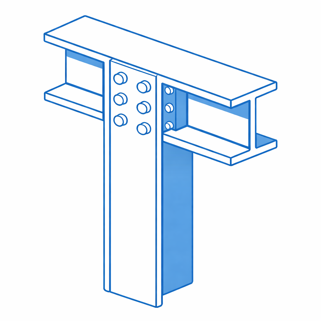 Structural steel I-beam bolted connection with column in isometric view.