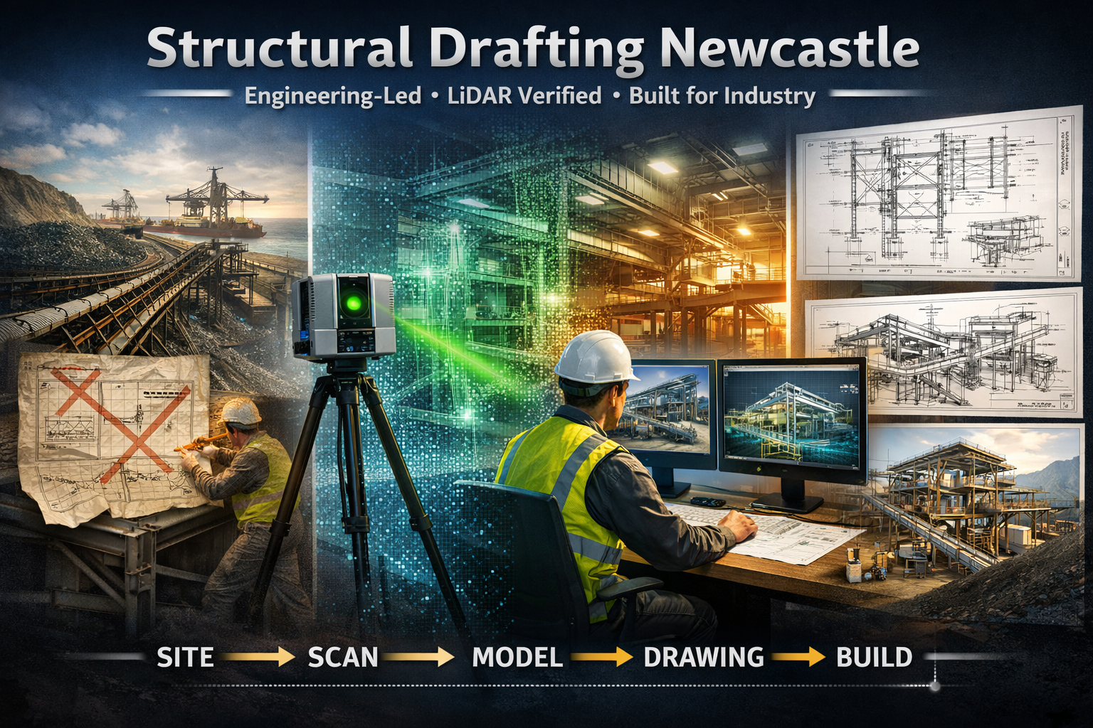 Structural drafting Newcastle workflow showing LiDAR scanning, point cloud modelling, and steel detailing for mining and industrial plant design