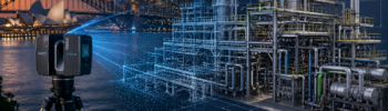 Engineering-led 3D laser scanning in Sydney showing LiDAR point cloud capture of Sydney Harbour transitioning into a detailed CAD model of industrial plant and mechanical systems