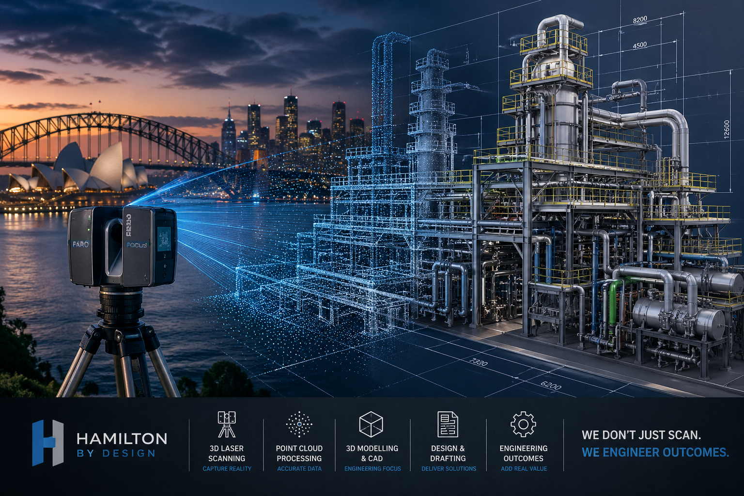 Engineering-led 3D laser scanning in Sydney showing LiDAR point cloud capture of Sydney Harbour transitioning into a detailed CAD model of industrial plant and mechanical systems