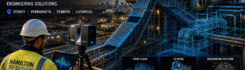 Industrial plant 3D laser scanning in Sydney showing engineer using LiDAR scanner with point cloud overlay and CAD modelling for engineering design