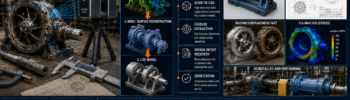 Engineering reverse engineering workflow showing an existing worn industrial component transformed into a point cloud, CAD model and fabrication-ready engineering drawing.