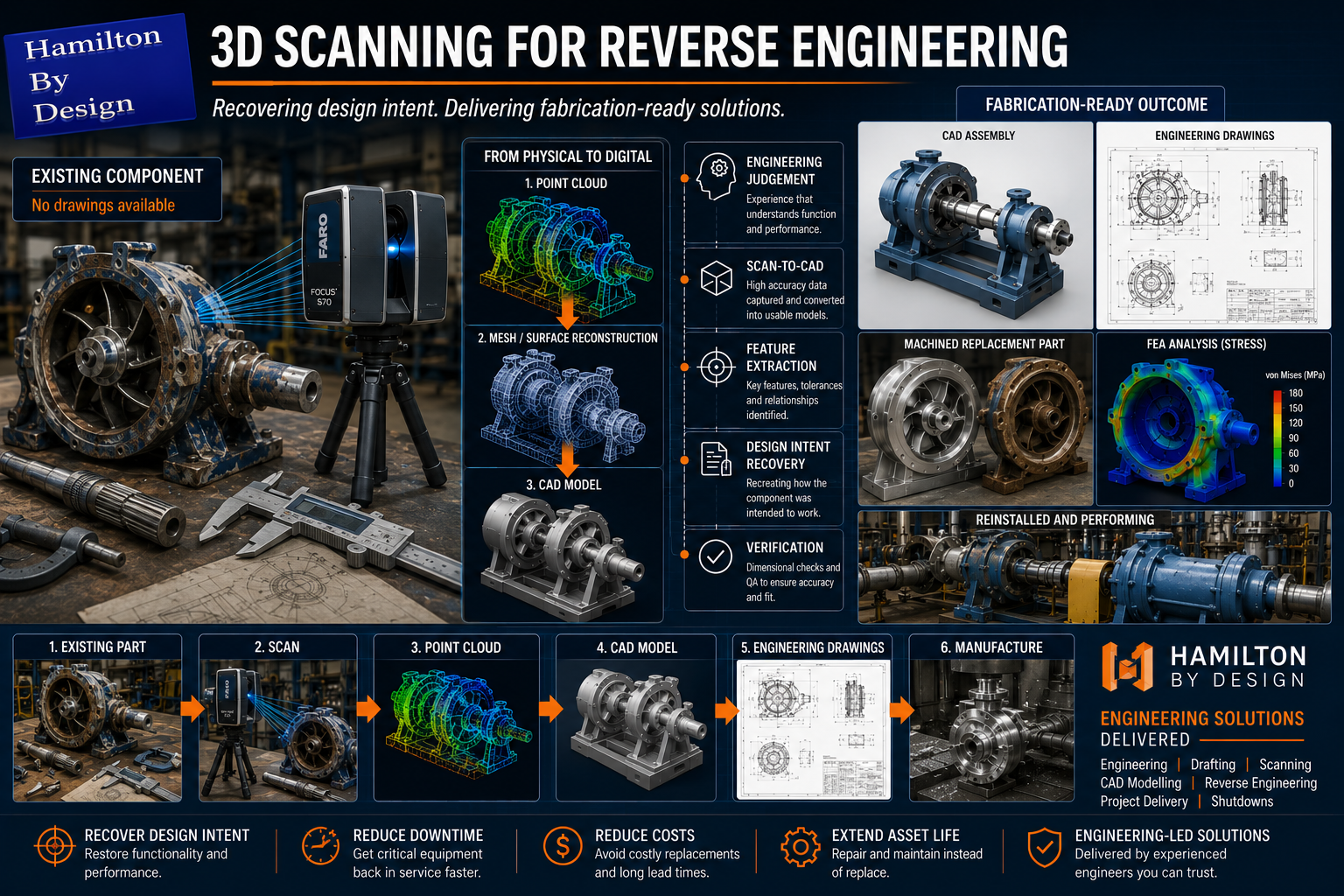 Engineering reverse engineering workflow showing an existing worn industrial component transformed into a point cloud, CAD model and fabrication-ready engineering drawing.