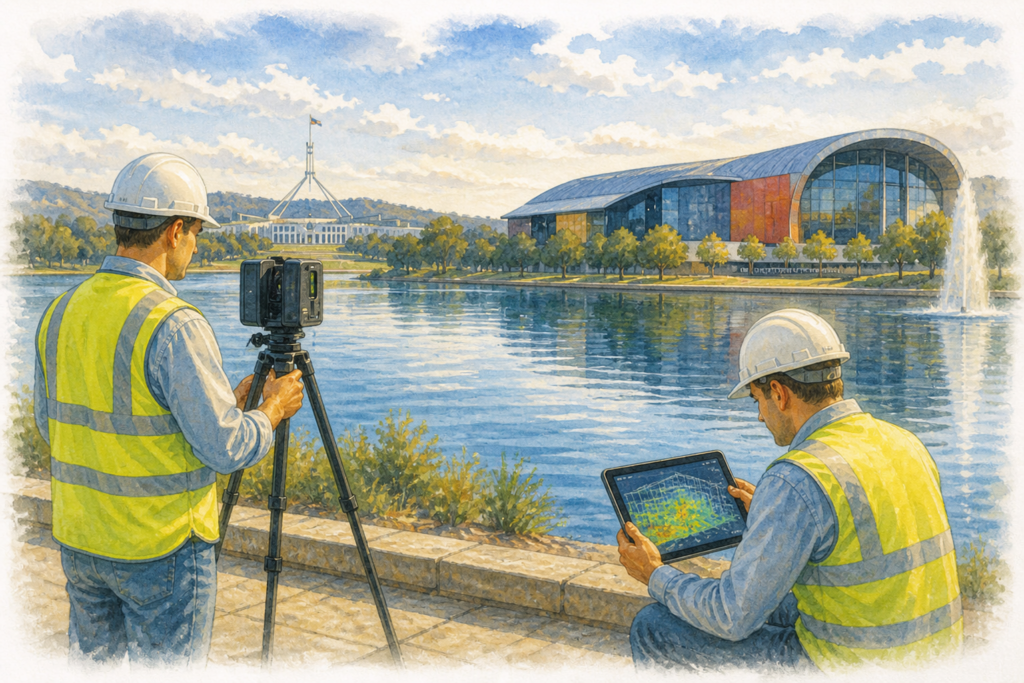 Engineers conducting 3D LiDAR scanning beside Lake Burley Griffin with Parliament House and a modern museum in Canberra