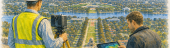 3D LiDAR scanning engineers surveying Canberra from Mount Ainslie with point cloud data displayed on a tablet overlooking Parliament House and Lake Burley Griffin