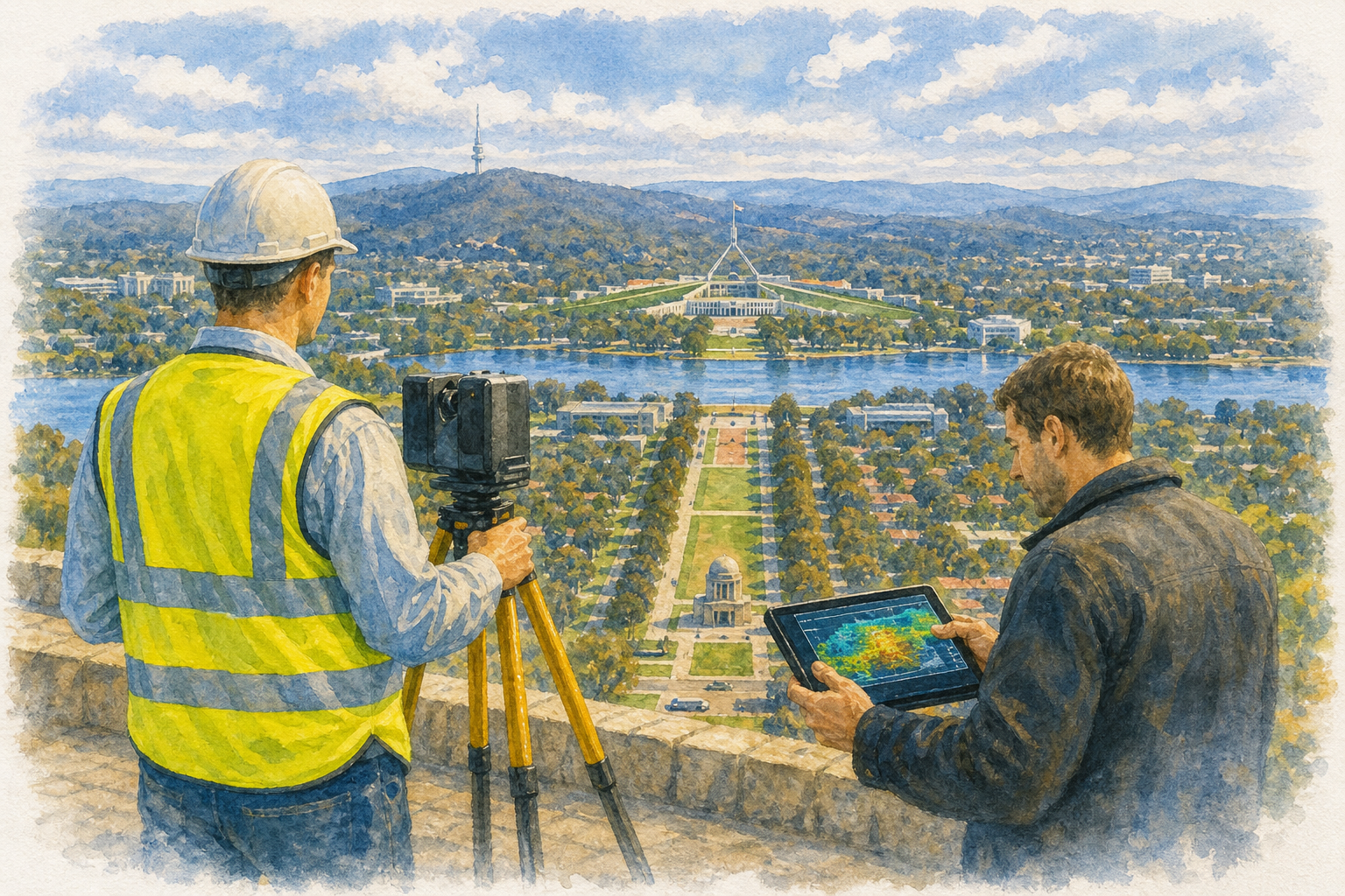 3D LiDAR scanning engineers surveying Canberra from Mount Ainslie with point cloud data displayed on a tablet overlooking Parliament House and Lake Burley Griffin