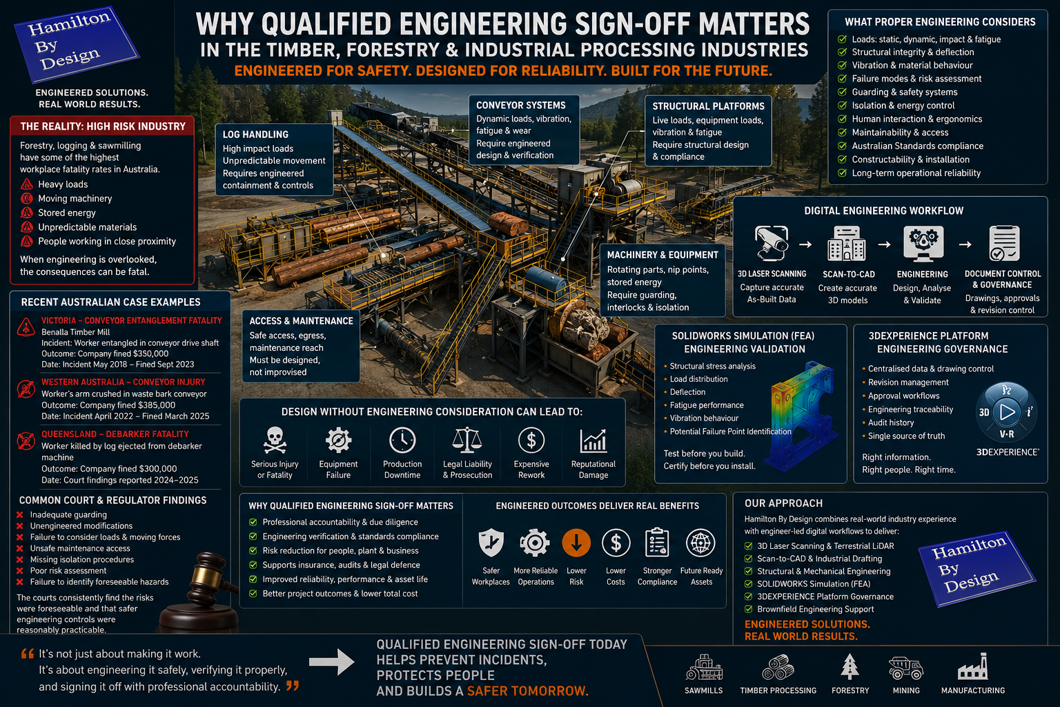 nfographic-style industrial engineering poster by Hamilton By Design showing why qualified engineering sign-off matters in the timber, forestry and industrial processing industries. The image includes a sawmill facility with conveyors, log handling systems, engineering risk assessments, SOLIDWORKS Simulation FEA analysis and 3DEXPERIENCE engineering governance workflows.