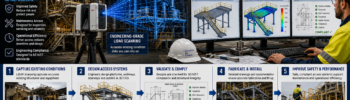 Engineering-grade LiDAR scanning and CAD modelling workflow for AS1657 industrial access systems including platforms, walkways, stairways, and ladders.