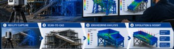 Engineering Analysis and Simulation infographic showing LiDAR scanning, scan-to-CAD workflows, finite element analysis (FEA), and digital engineering processes used to optimise industrial plant design and improve project outcomes.
