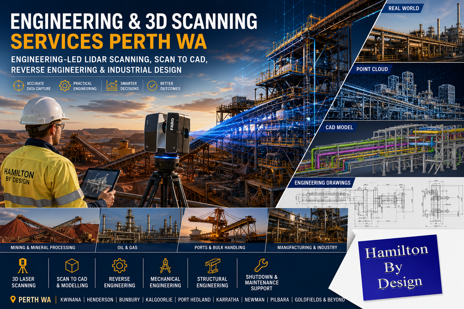 Engineering-grade 3D laser scanning, Scan to CAD, reverse engineering and mechanical engineering services in Perth WA for mining, industrial and infrastructure projects throughout Western Australia.