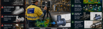 Hamilton By Design engineer-led LiDAR scanning workflow showing engineering-grade point cloud capture, CAD modelling, fabrication-ready deliverables, and comparison between low-quality scans and structured engineering data