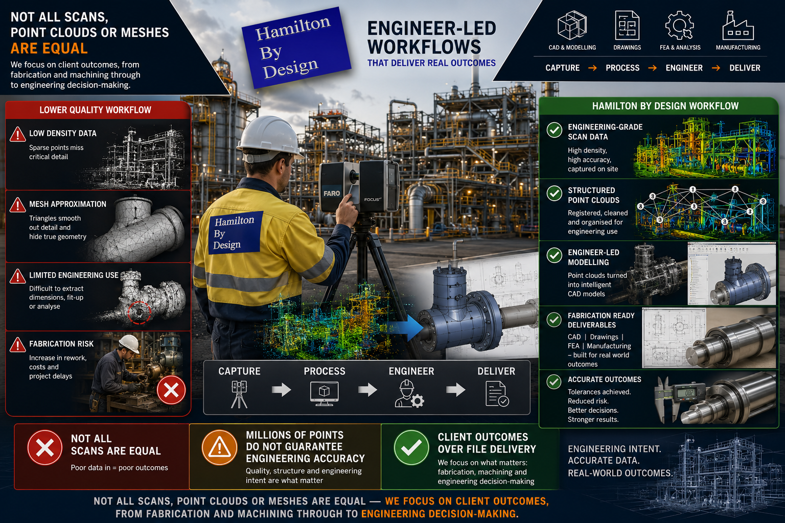 Hamilton By Design engineer-led LiDAR scanning workflow showing engineering-grade point cloud capture, CAD modelling, fabrication-ready deliverables, and comparison between low-quality scans and structured engineering data
