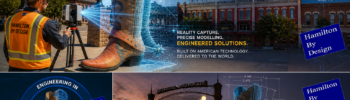 Engineer scanning Cheyenne Wyoming landmark using LiDAR with digital twin and CAD model overlay