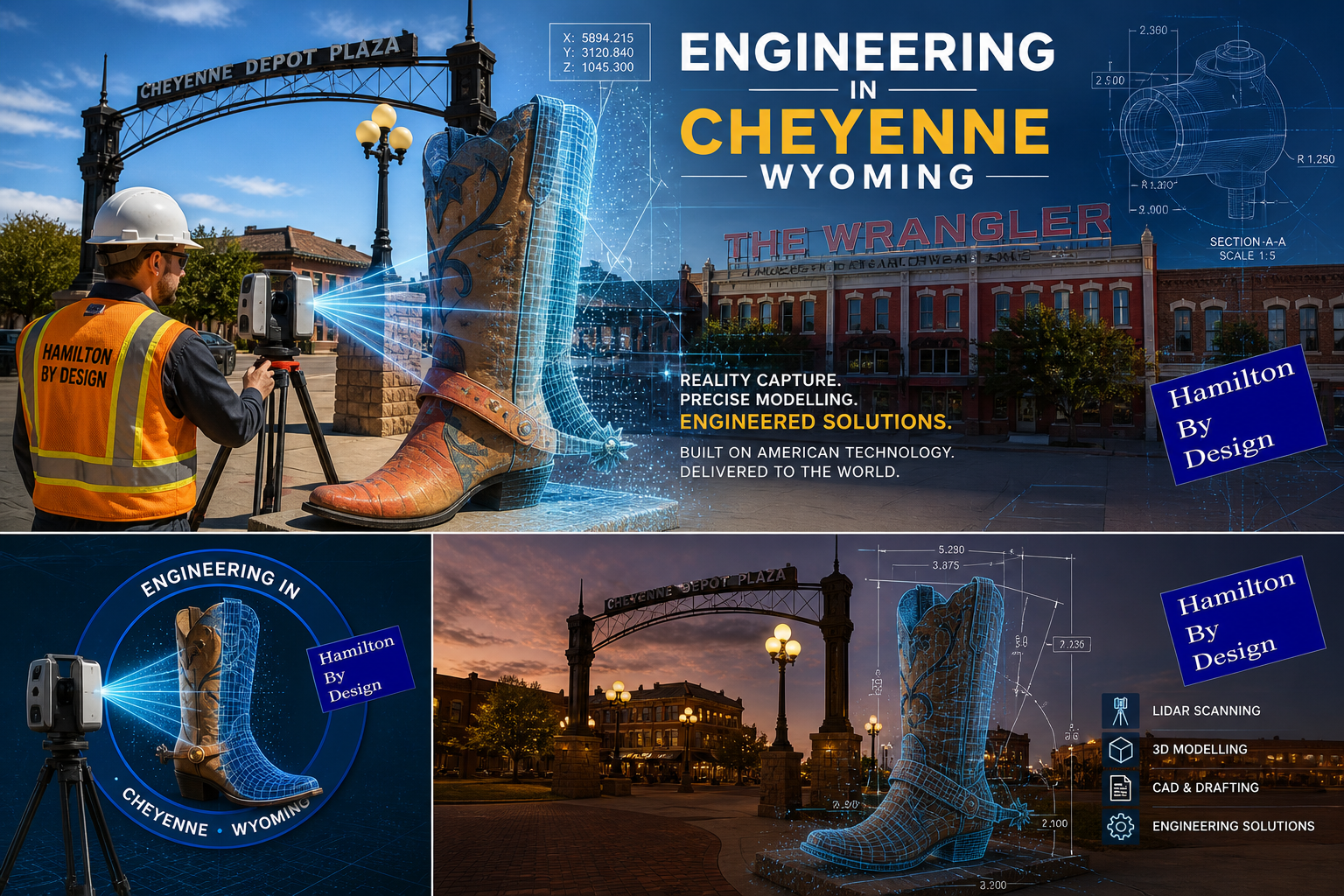 Engineer scanning Cheyenne Wyoming landmark using LiDAR with digital twin and CAD model overlay