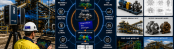 Mechanical engineering services hero image showing industrial plant equipment, LiDAR scanning, CAD modelling, reverse engineering and fabrication-ready engineering deliverables.