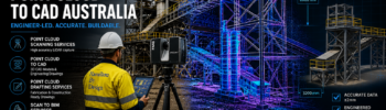 Engineer using LiDAR scanner capturing an industrial plant with overlay showing point cloud to CAD conversion and scan to BIM engineering workflow in Australia.