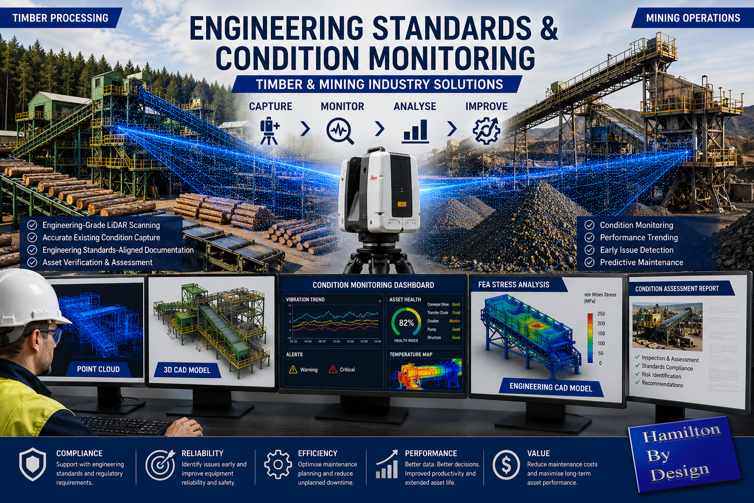Engineering-grade LiDAR scanning, condition monitoring, and FEA analysis workflow for timber processing and mining equipment reliability.