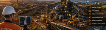 Engineering-grade 3D laser scanning and mining infrastructure project in Central Queensland, showing a conveyor transfer station, CHPP facility, coal train, industrial laser scanner, point cloud modelling and reverse engineering workflows supporting shutdown engineering and mining operations.