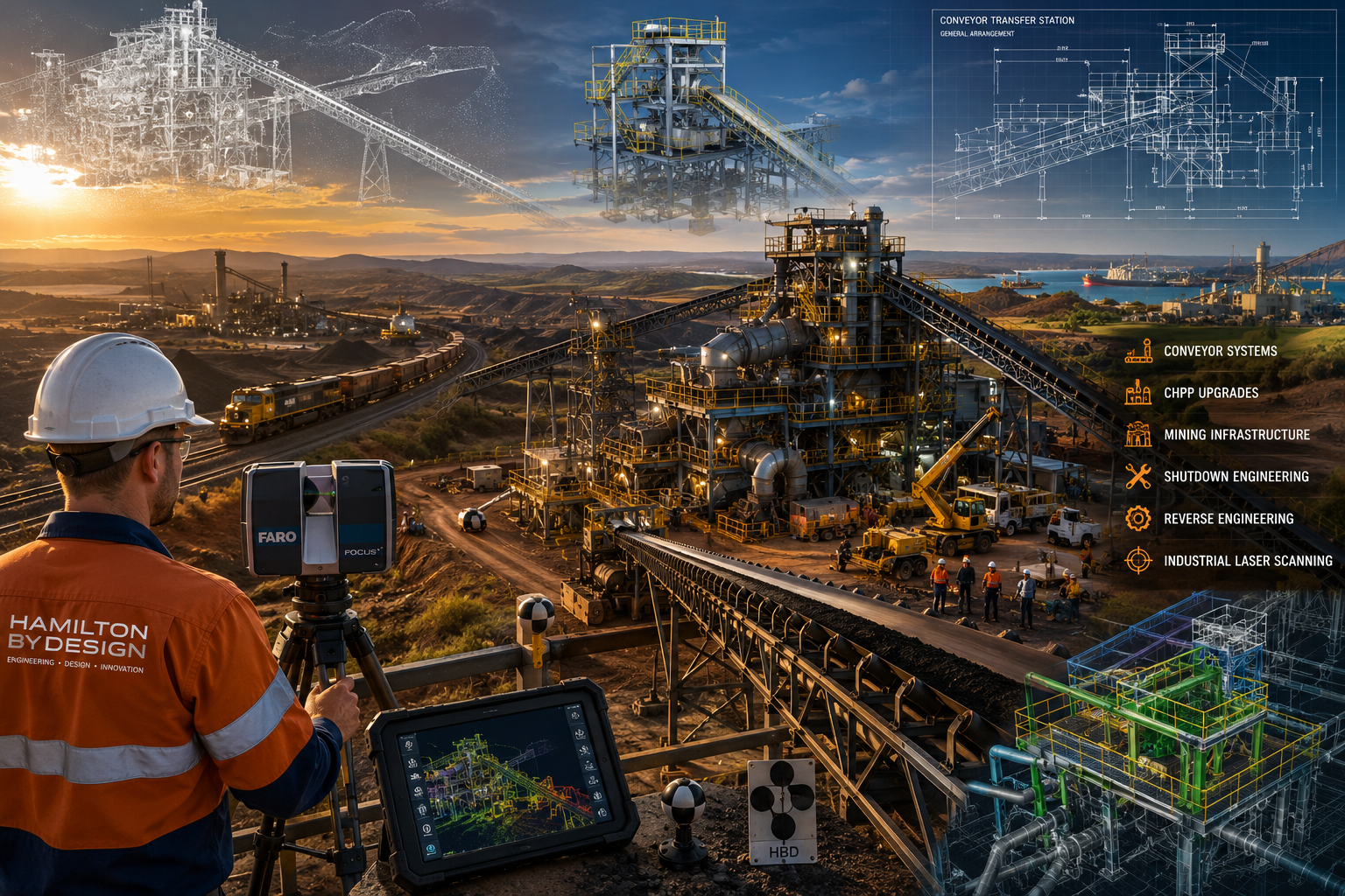 Engineering-grade 3D laser scanning and mining infrastructure project in Central Queensland, showing a conveyor transfer station, CHPP facility, coal train, industrial laser scanner, point cloud modelling and reverse engineering workflows supporting shutdown engineering and mining operations.