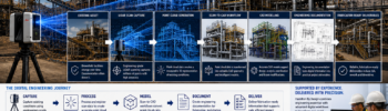 Engineering-grade LiDAR scanning and digital engineering workflow showing point cloud data transformed into CAD models and fabrication-ready engineering documentation.