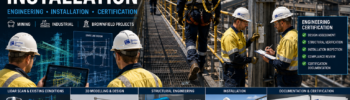 Hamilton By Design static line installation and engineering certification for mining and industrial facilities showing workers at height, structural engineering assessment, LiDAR scanning and installation support.