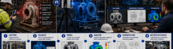 Engineering-grade LiDAR scanning workflow comparing basic scanning and reverse engineering processes for industrial equipment.