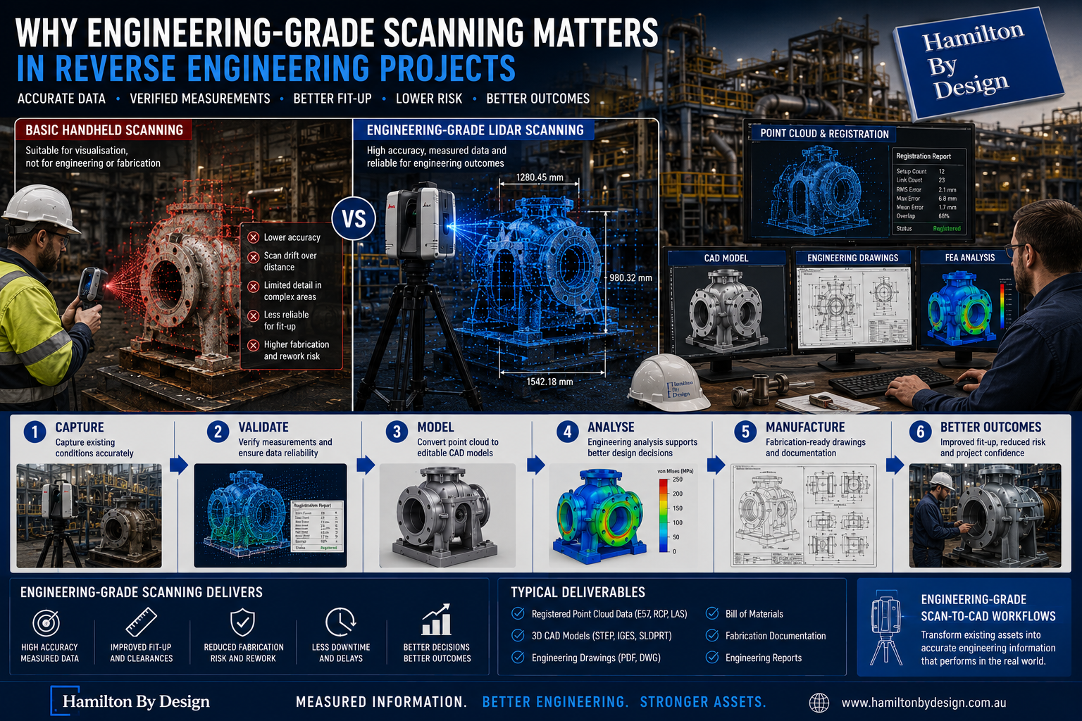 Engineering-grade LiDAR scanning workflow comparing basic scanning and reverse engineering processes for industrial equipment.