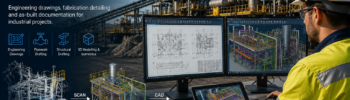 Mechanical, Structural & Pipework Drafting engineering banner showing an engineer reviewing CAD models, point cloud data and fabrication drawings for an industrial processing plant.