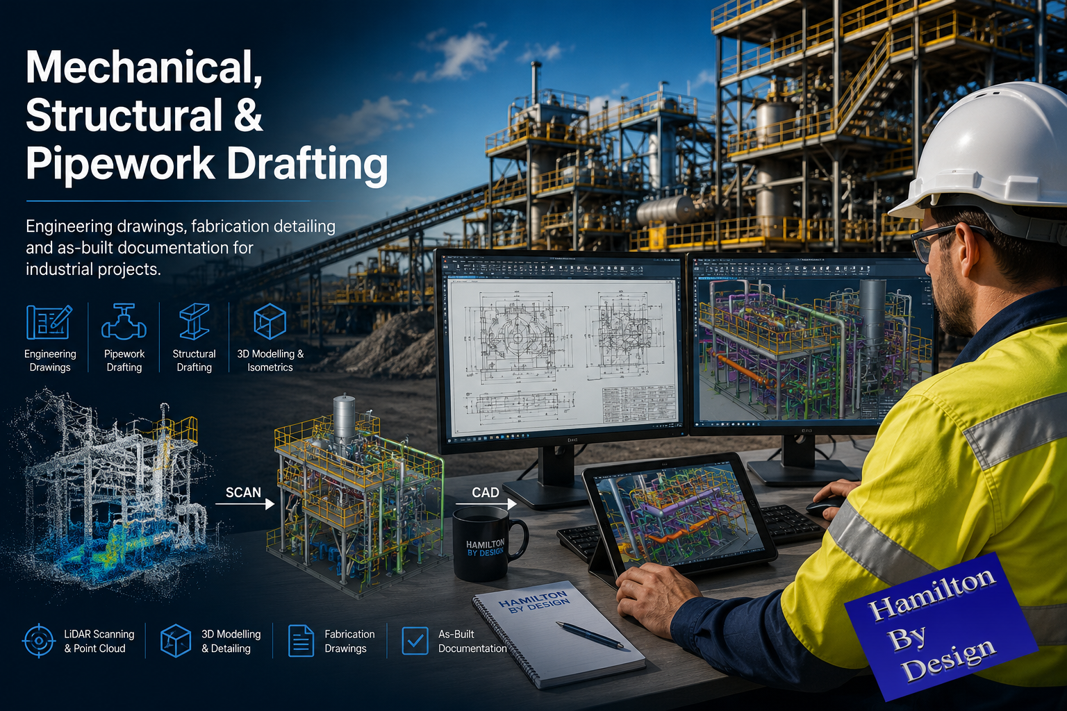 Mechanical, Structural & Pipework Drafting engineering banner showing an engineer reviewing CAD models, point cloud data and fabrication drawings for an industrial processing plant.