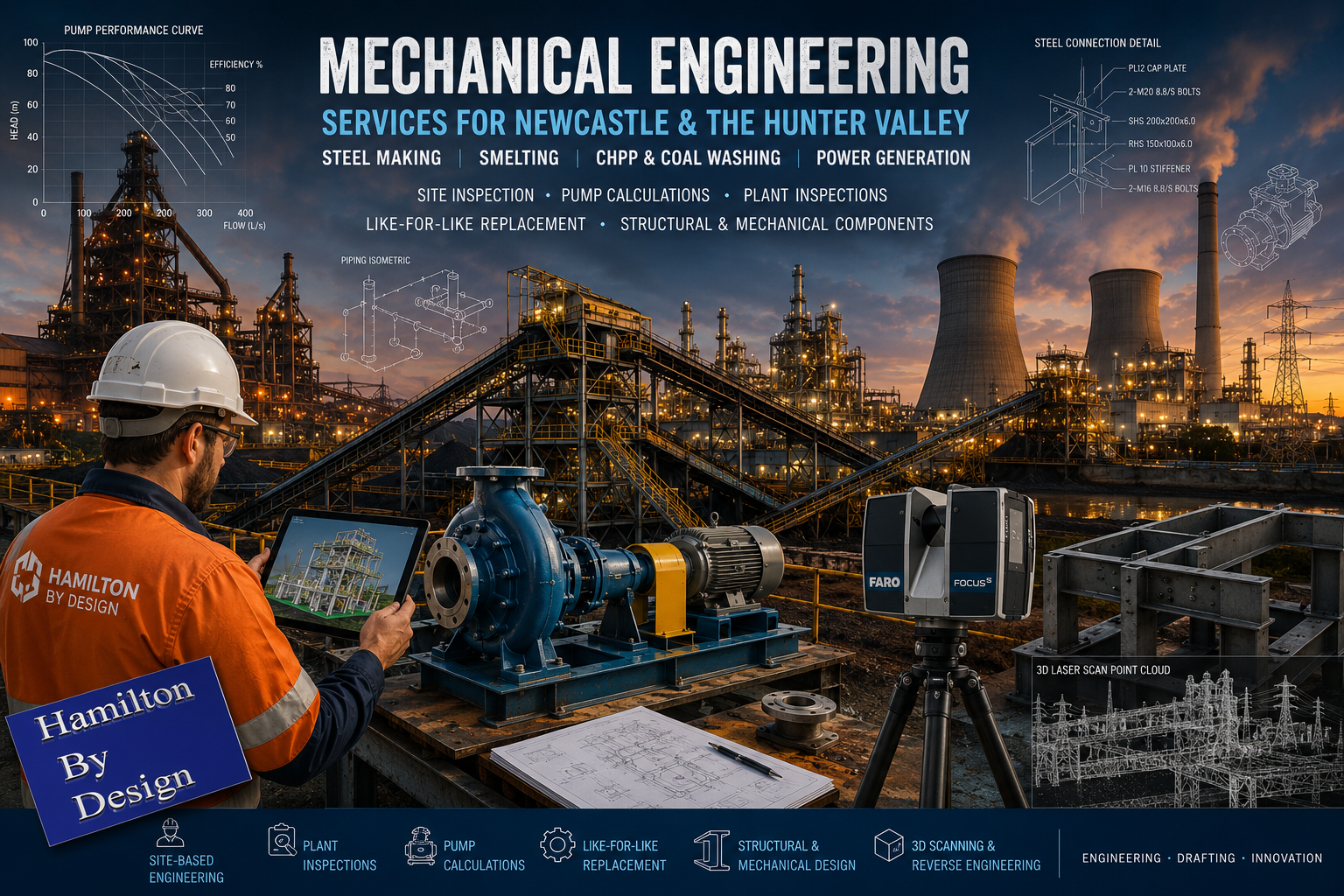 Mechanical engineer performing plant inspection at a Newcastle industrial facility with pumps, conveyors, steel making infrastructure, CHPP operations and power generation assets across the Hunter Valley.