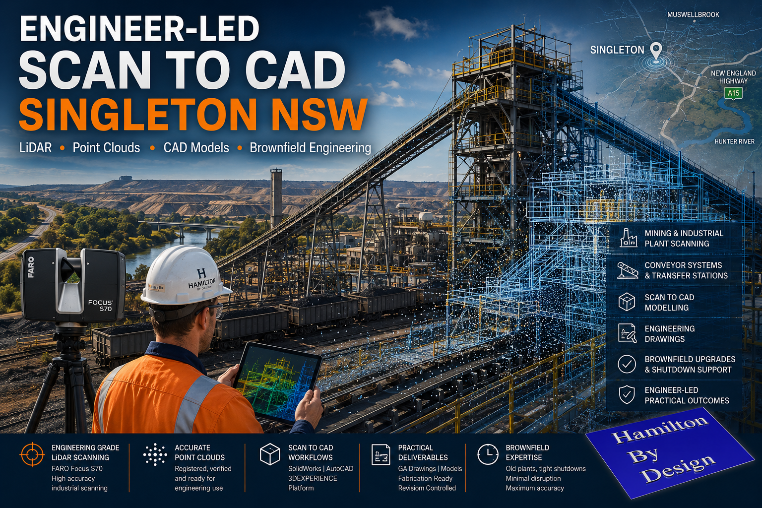 Engineer-led scan to CAD services in Singleton NSW using industrial LiDAR scanning, point cloud modelling and brownfield engineering workflows for Hunter Valley mining infrastructure.