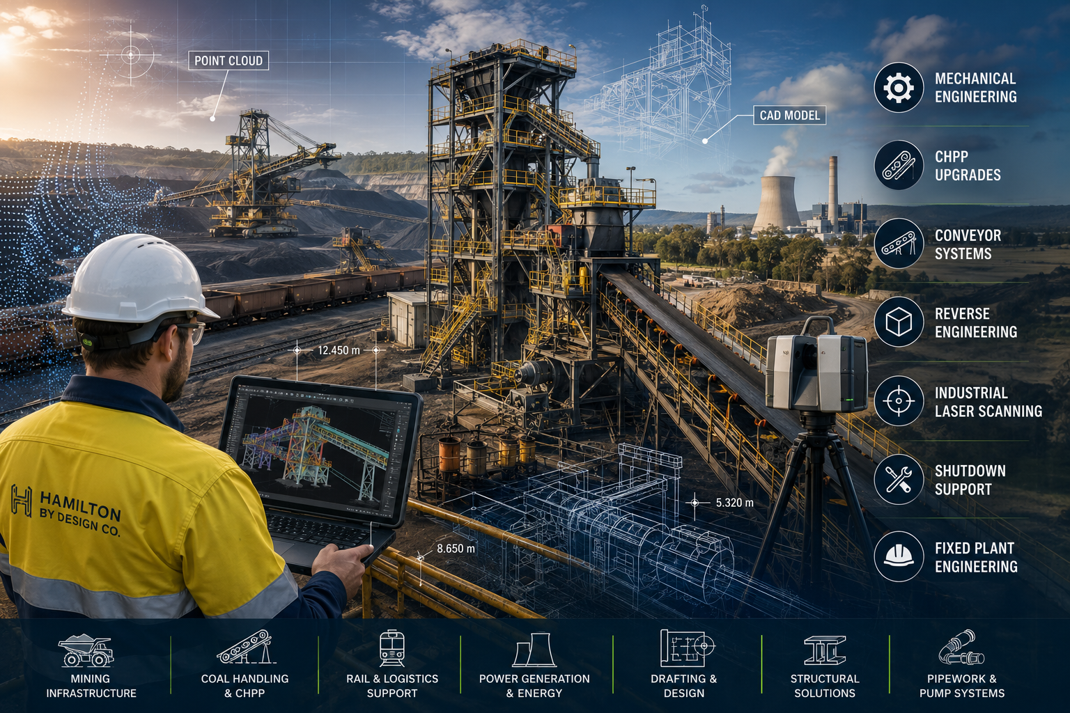 Mechanical engineering services in Muswellbrook NSW including CHPP upgrades, conveyor systems, industrial laser scanning, reverse engineering, fixed plant engineering and mining infrastructure design.